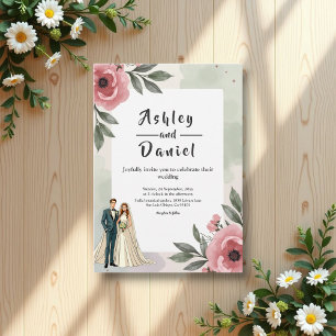 Convites Casamento de Verão com Casal Romântico Floral de W