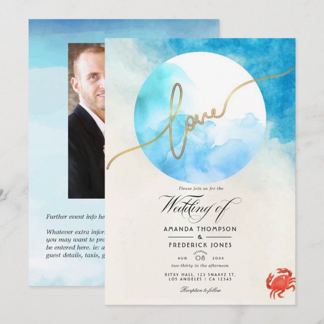 Convites Casamento de Verão com Foto em Aquarela na Praia (Frente/Verso)