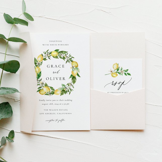 Convites Casamento de Verão com Lemon Botânico e Verena (Customizable Wedding Invitation with Watercolor Lemons, Blossoms & Greenery | Lemon Theme Wedding )
