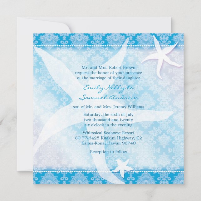 Convites Casamento de Verão com Starfish de praia azul (Frente)