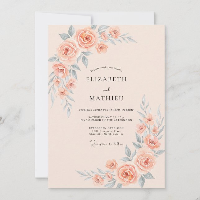 Convites Casamento de Verão com Tons Suaves de Pêssego (Frente)