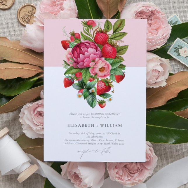 Convites Casamento de Verão de Morango Elegante e Peonies (Criador carregado)