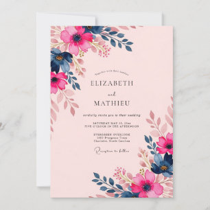 Convites Casamento de Verão Encantador Fuchsia Azul Marinho
