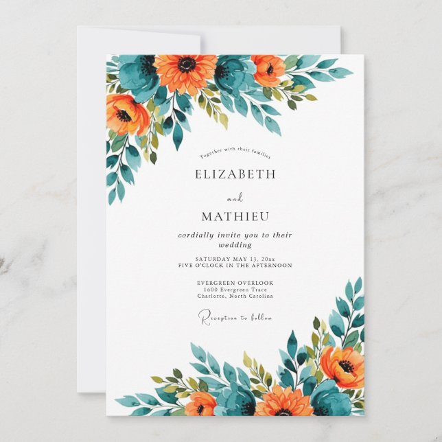 Convites Casamento de Verão Espetacular em Laranja Teal (Frente)