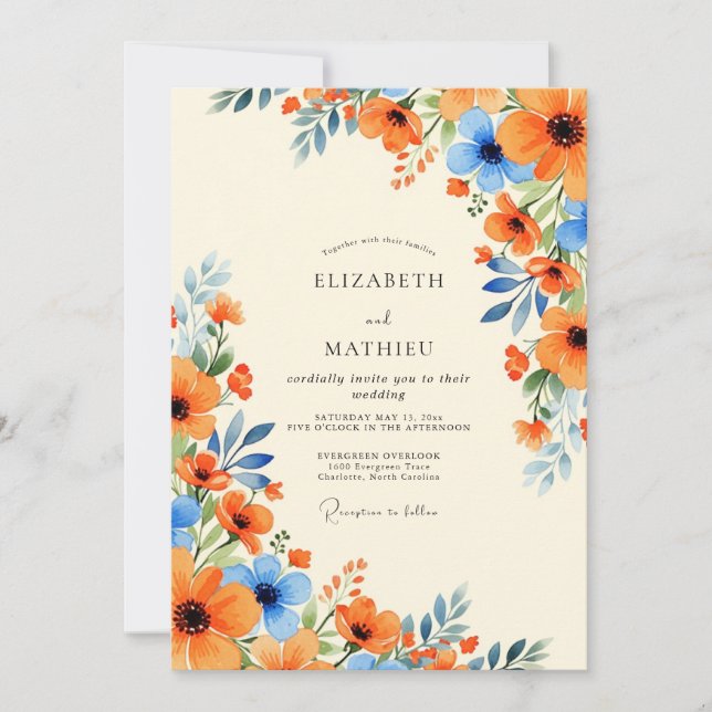 Convites Casamento de Verão Esplêndido Azul Mil-flores Lara (Frente)
