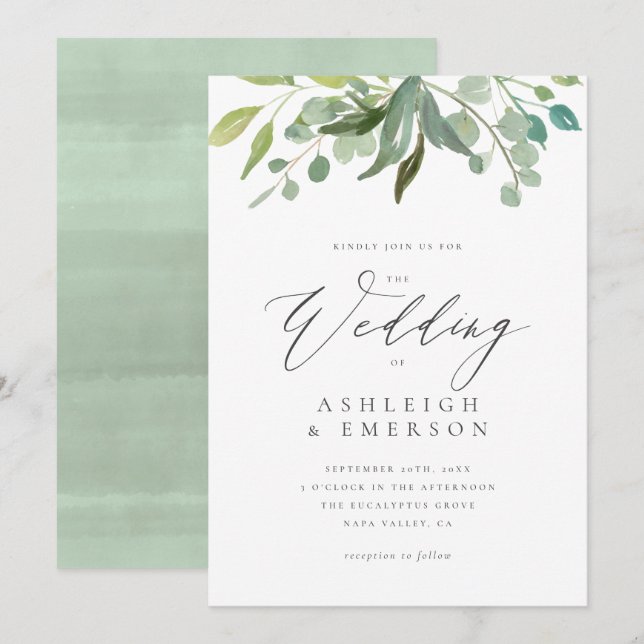 Convites Casamento de Verão Eucalyptus Greenery Chic Waterc (Frente/Verso)
