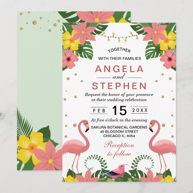 Convites Casamento de Verão Flamingo Floral Tropical (Frente/Verso)