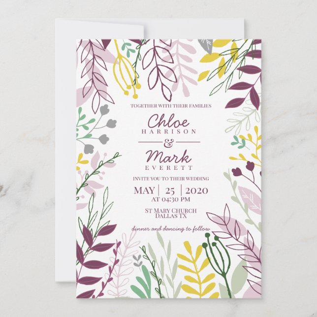 Convites Casamento de Verão Floral Boho Roxo Amarelo (Frente)