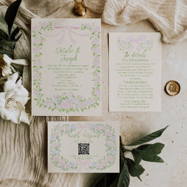 Convites Casamento de Verão Floral com Laço Verde Rosa Dese