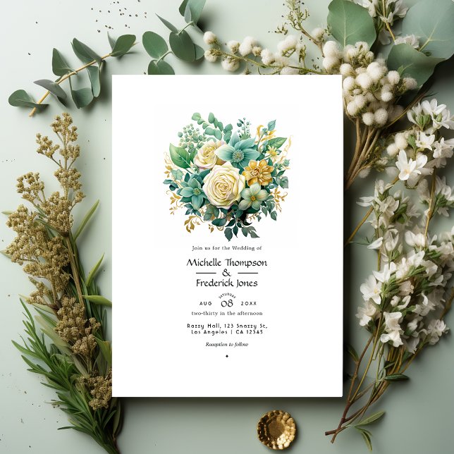 Convites Casamento De Verão Floral Dourado E Verde De Mint (Criador carregado)