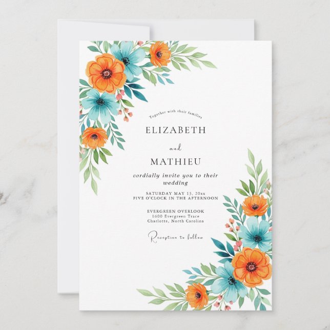 Convites Casamento de Verão Glorioso Laranja Azul (Frente)