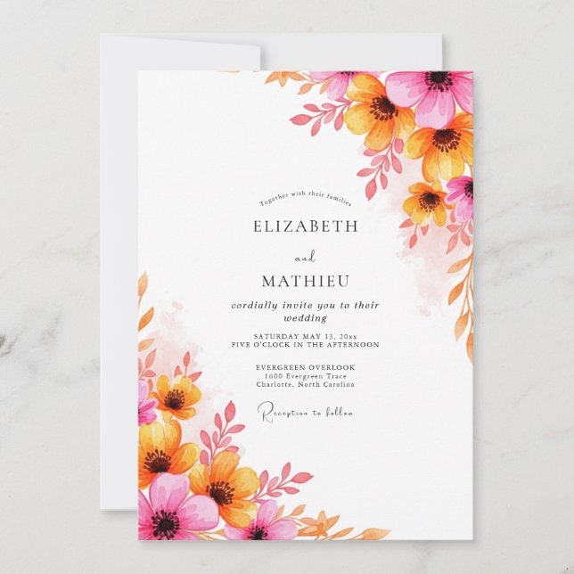 Convites Casamento de Verão Luminoso Laranja Rosa (Frente)