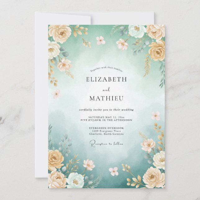 Convites Casamento de Verão Magnífico Azul-Verde (Frente)