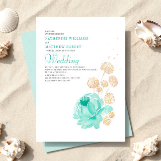 Convites Casamento de Verão na Praia com Bege e Teal Claro