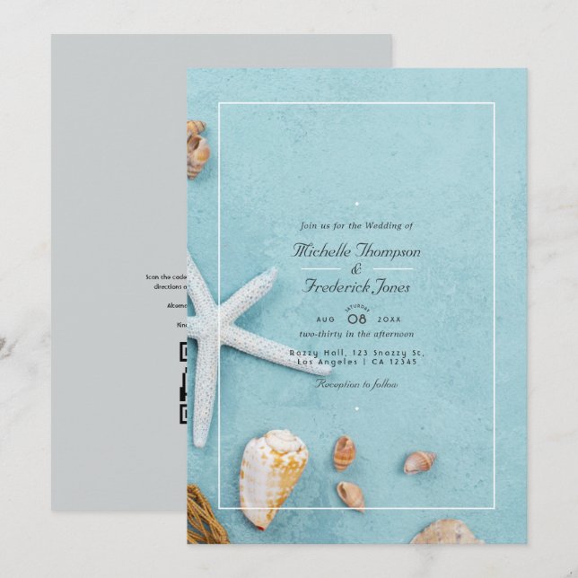 Convites Casamento de Verão na Praia com RSVP por Código QR (Frente/Verso)