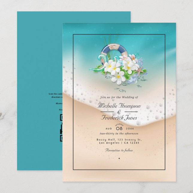 Convites Casamento de Verão na Praia com RSVP por QR Code (Frente/Verso)