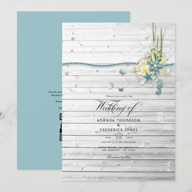 Convites Casamento de Verão na Praia Rústica com QR Code RS (Frente/Verso)