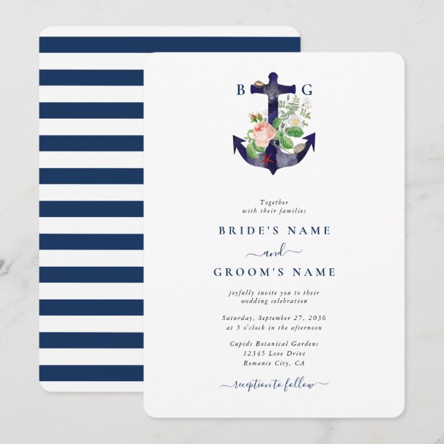 Convites Casamento de Verão Náutico Floral de Âncora Botâni (Frente/Verso)