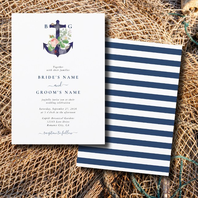 Convites Casamento de Verão Náutico Floral de Âncora Botâni (Anchor Botanical Floral Nautical Summer Wedding Invitation)