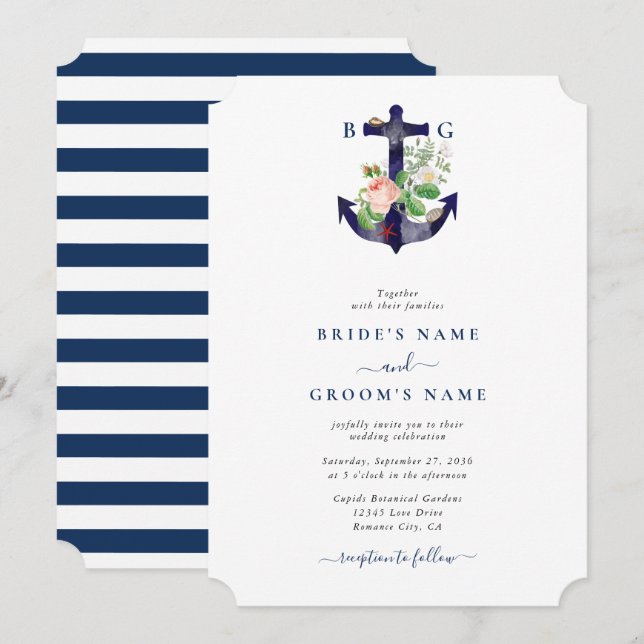 Convites Casamento de Verão Náutico Floral de Âncora Botâni (Frente/Verso)