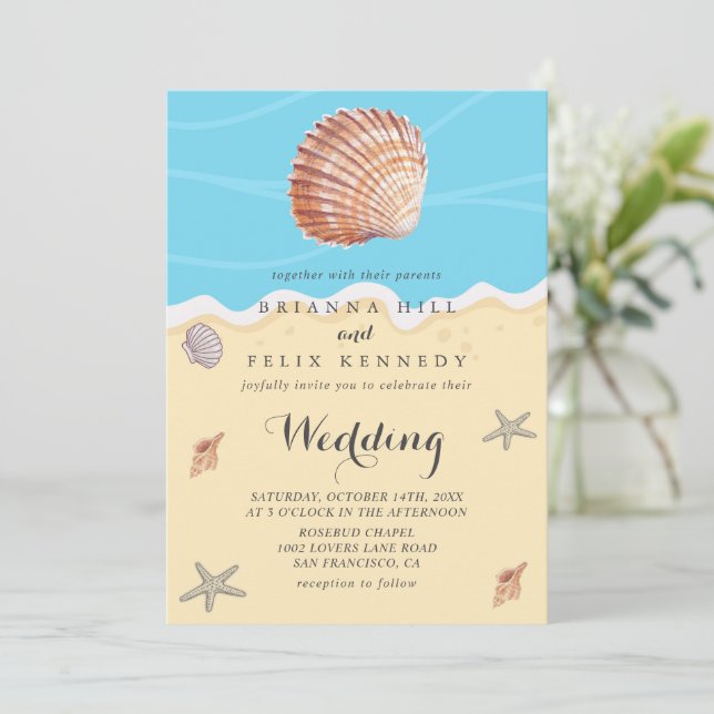 Convites Casamento de Verão no Oceano Azul Minimalista (Em pé/Frente)
