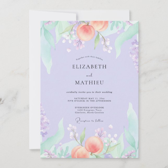 Convites Casamento de Verão no Pomar de Pêssego Lavanda (Frente)