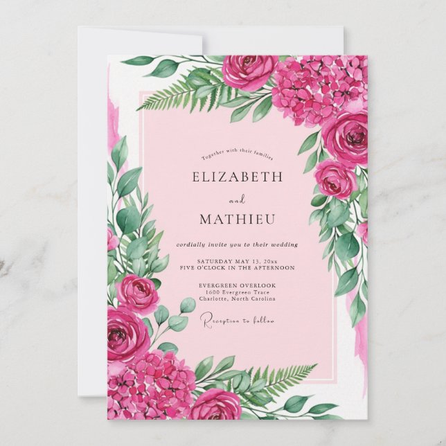 Convites Casamento de Verão Ornamentado em Fuchsia (Frente)