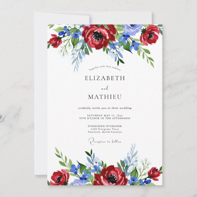 Convites Casamento de Verão Pintado em Vermelho Azul (Frente)