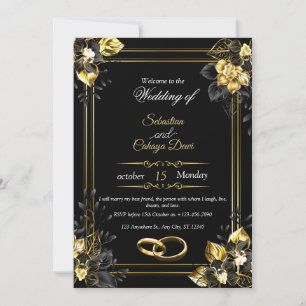 Convites Casamento de verão preto e dourado elegante