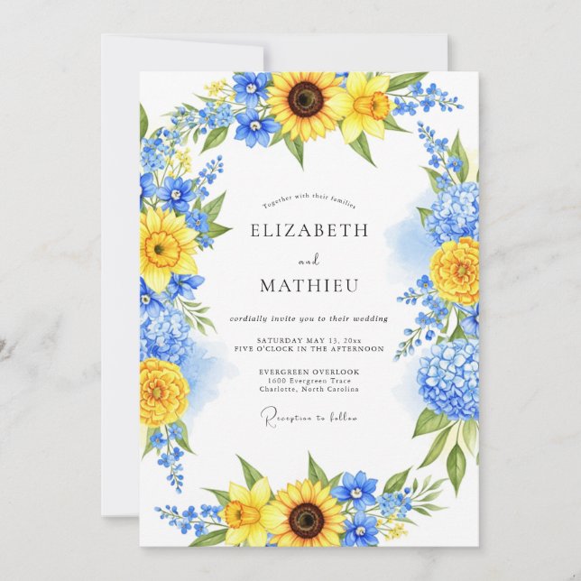 Convites Casamento de Verão Radiante Azul Amarelo (Frente)