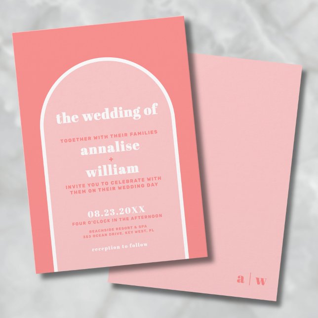 Convites Casamento de Verão Retro em Rosa Coral Ousado (Bold Coral Pink Retro Summer Wedding Invitation)