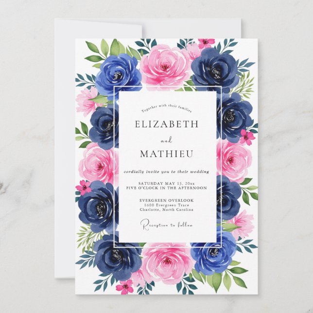 Convites Casamento de Verão Rosa Azul-Marinho Luxuriante (Frente)