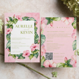 Convites Casamento de Verão Rosa Verde Floral Aquarela QRco