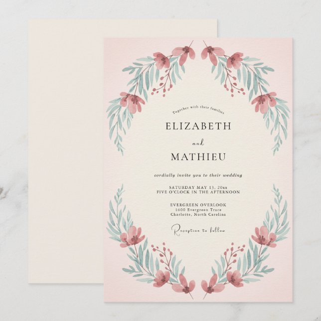 Convites Casamento de Verão Sussurrante Rosa Empoeirada (Frente/Verso)