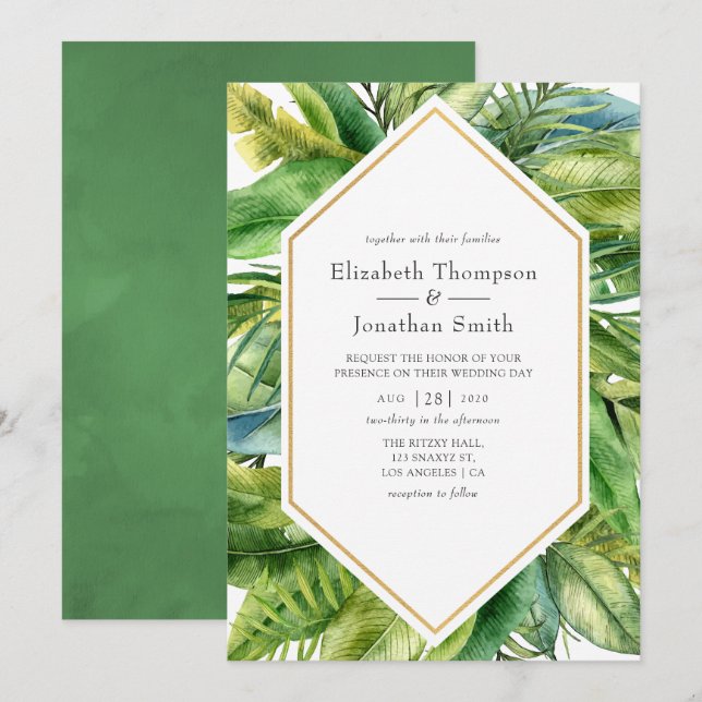 Convites Casamento de Verão Tropical à Beira-Mar com Aquare (Frente/Verso)