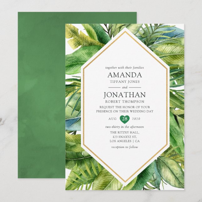 Convites Casamento de Verão Tropical à Beira-Mar com Aquare (Frente/Verso)