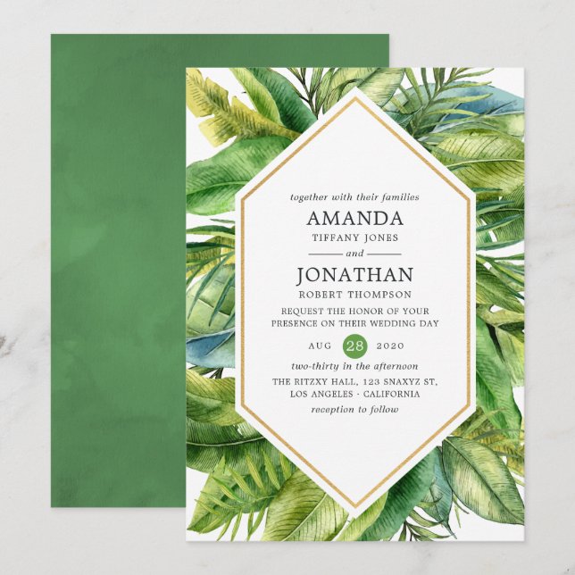 Convites Casamento de Verão Tropical à Beira-Mar em Aquarel (Frente/Verso)
