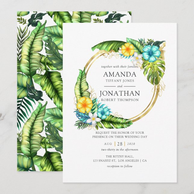 Convites Casamento de Verão Tropical na Praia com Aquarela (Frente/Verso)
