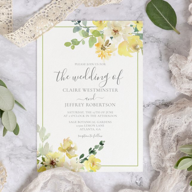Convites Casamento de Verão Verde de Sage Floral Amarelo De (Criador carregado)
