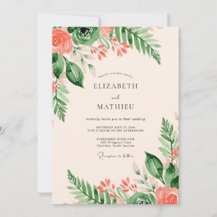 Convites Casamento de Verão Verde Esmeralda e Rosa Pêssego