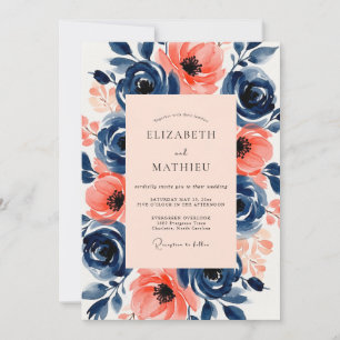 Convites Casamento de Verão Vibrante Azul-Marinho e Pêssego