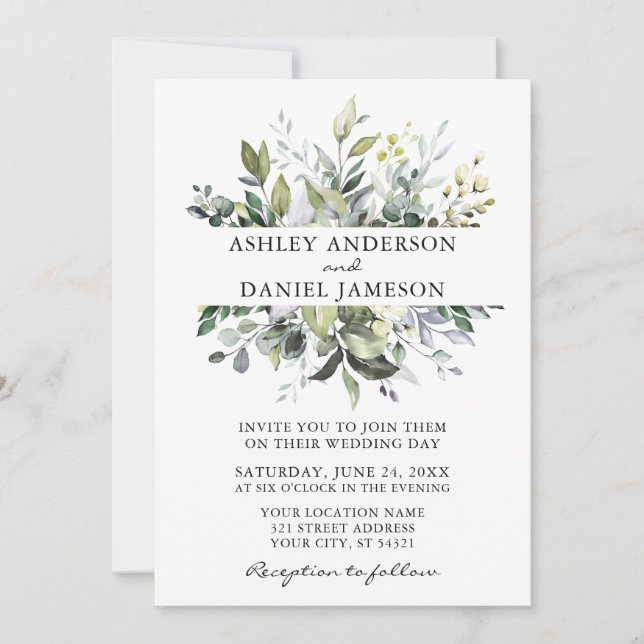 Convites Casamento de Verde Botânico Moderno com Aquarela (Frente)