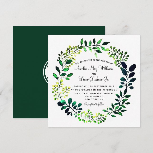 Convites Casamento de Verde Botânico Rustic Watercolor (Frente/Verso)