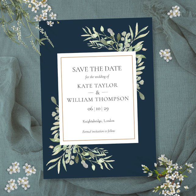 Convites Casamento de Verde com Azul Marinho Profundo Save  (Deep Sea Blue Greenery Wedding Save the Date Invitation)