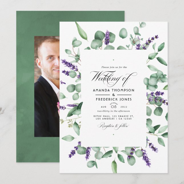Convites Casamento de Verde de Eucalipto e Lavanda (Frente/Verso)