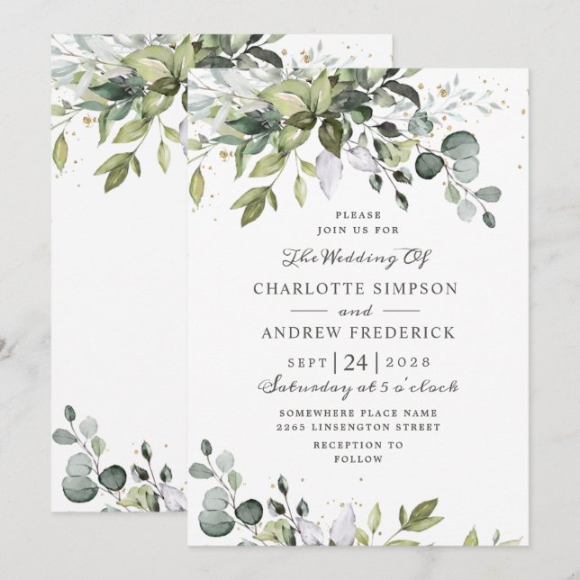 Convites Casamento de Verde Eucalipto em Aquarela (Frente/Verso)