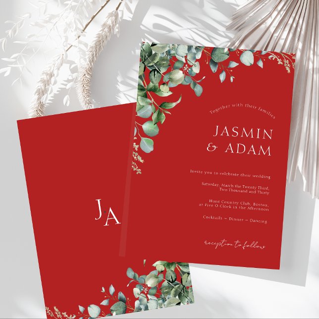 Convites Casamento de Verde Eucalipto Festivo Vermelho Eleg (Festive Crimson Red Eucalyptus Greenery Wedding Invitation)