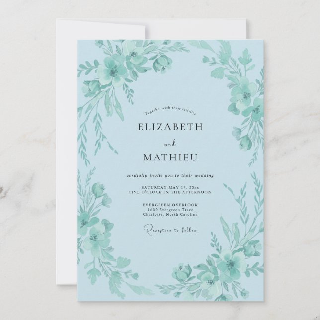 Convites Casamento de Verde Folhagem com Azul Céu (Frente)