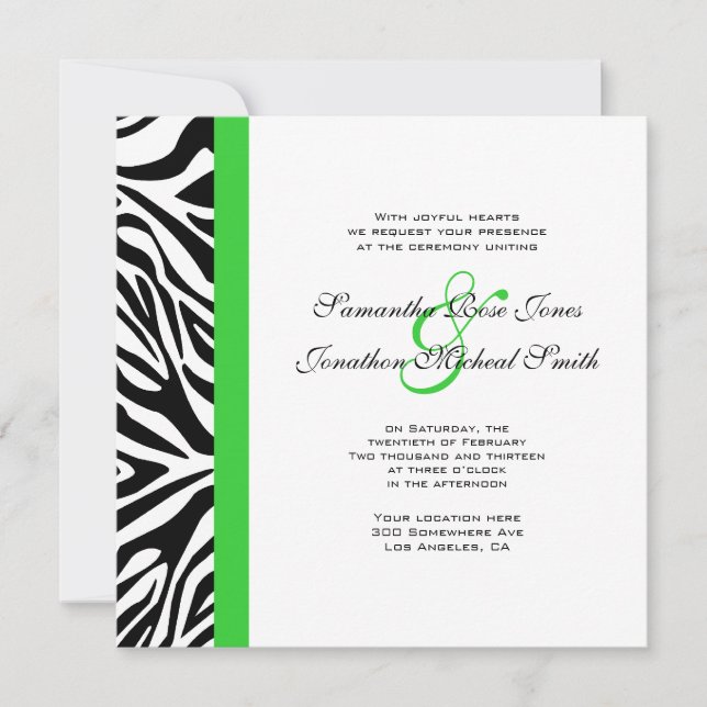 Convites Casamento de Verde limão Elegante de Zebra Negra e (Frente)