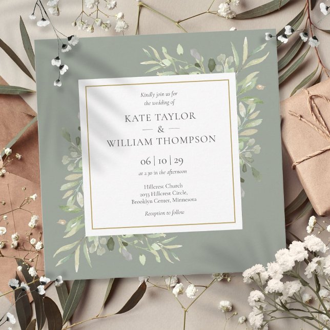 Convites Casamento de Verde Sagrado Botânico Aquarela (Sage Greenery Wedding Botanical Watercolor Invitation)